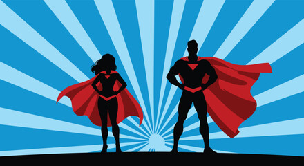 A dynamic silhouette of a superhero couple with flowing capes against a blue radial background, symbolizing power, strength, and heroic action