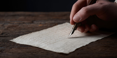 A hand is writing on a sheet of paper using a fountain pen on a wooden surface.  
