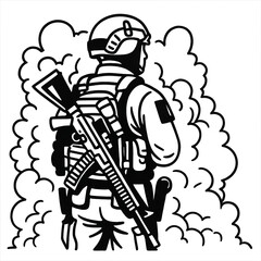 Monochrome Silhouette of Soldier with Rifle in Smoky Background Illustration Isolated