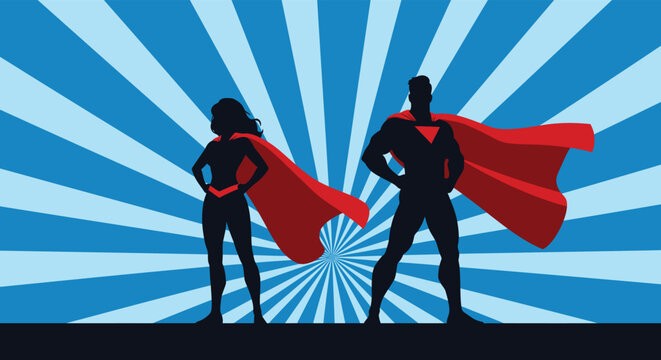 A dynamic silhouette of a superhero couple with flowing capes against a blue radial background, symbolizing power, strength, and heroic action