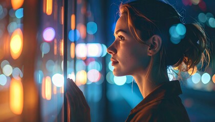 Young Woman Gazing at City Lights Through Window at Night.