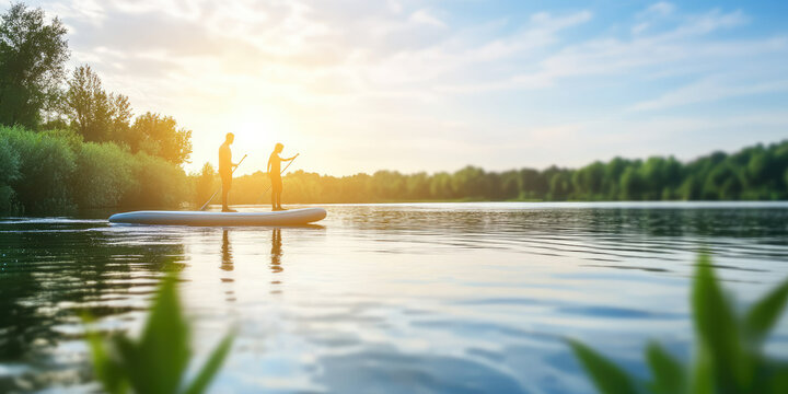 Two people are paddleboarding on a calm lake surrounded by trees during sunset. Outdoor activity, nature, relaxation, adventure, water sport