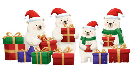 Illustration Polar Bears Celebrating Christmas Holidays with Presents Scarf and Hat