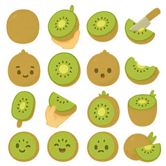 Pixelated Kiwi Fruit Assortment on Transparent Backdrop Featuring Fuzzy Texture and Playful Expressions Ideal for Digital Designs