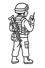 Standing Soldier in Full Military Gear with Rifle Tactical Vest and Communication Device Illustration in Transparent Background