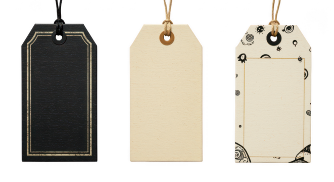 Blank Retail Tags: A collection of three blank retail tags, each with a unique design and texture. The tags are suspended from twine, ready for use in showcasing prices or promotional messages.
