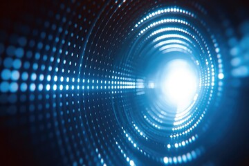  Abstract digital background with a blue glowing tunnel of light and dots, an AI technology concept. Futuristic tech background for a banner or presentation
