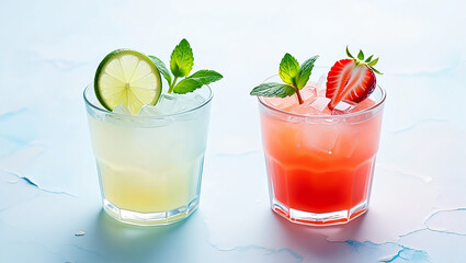 Fototapeta premium Refreshing cocktails with lime, mint, and strawberry in a glass with ice