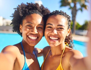 Two women smiling at camera, poolside