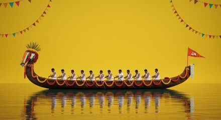 A long boat races with people rowing