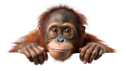 An adorable baby orangutan with curious eyes peeks over a surface, showcasing its charming and innocent expression isolated on transparent background