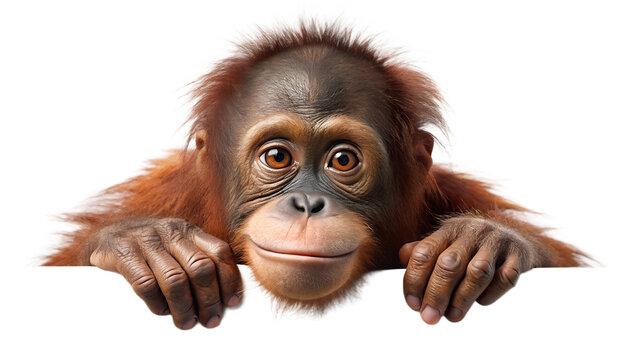 An adorable baby orangutan with curious eyes peeks over a surface, showcasing its charming and innocent expression isolated on transparent background