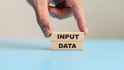 A hand is placing wooden blocks with the words input and data on a table