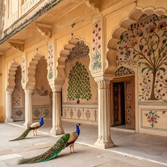 Rajasthan Palace Courtyard Peacocks Murals and Architectural Details