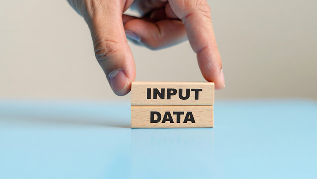 A hand is placing wooden blocks with the words input and data on a table