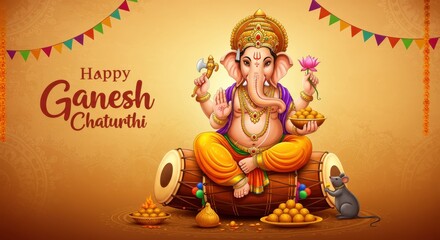 Happy ganesh chaturthi with god ganesha and offerings