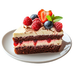 Front view of a heart-shaped plate with a slice of cake isolated on a white transparent background