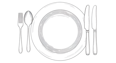 Illustration White Tableware Plate with Fork and Knife on Transparent Background