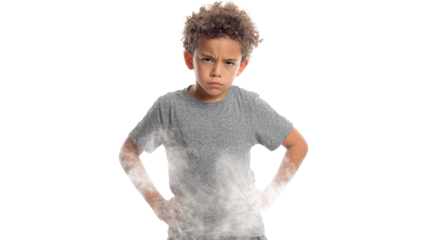 Angry boy with crossed arms wearing a gray t-shirt, isolated on white background.