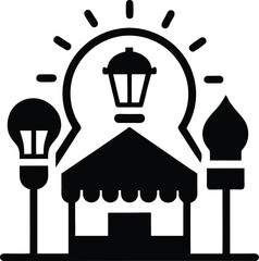 Vintage cast iron street lamp illustration illuminating a classic building in an old town