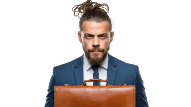 Businessman holding a briefcase, confident expression, isolated on white background.