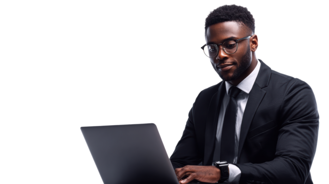 Businessman in formal attire working on a laptop, isolated on a white background. - Powered by Adobe