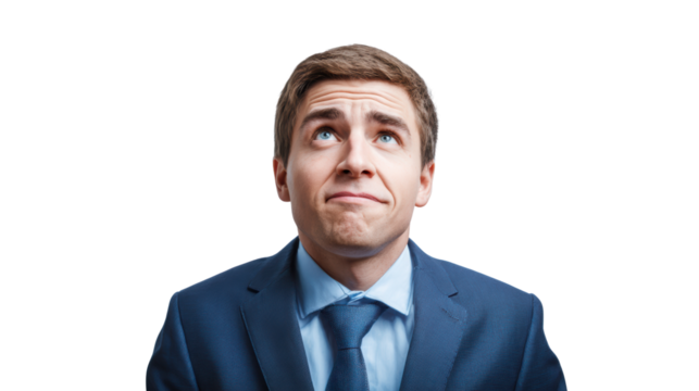 Businessman looking up with a confused expression, isolated white background.