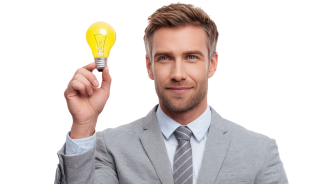 Businessman holding a light bulb symbolizing innovation and ideas, white isolate background.