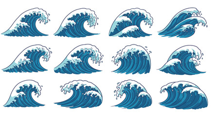 Fototapeta premium A collection of stylized blue ocean waves with white foam, isolated on white background, perfect for adding a dynamic and nautical touch to any design