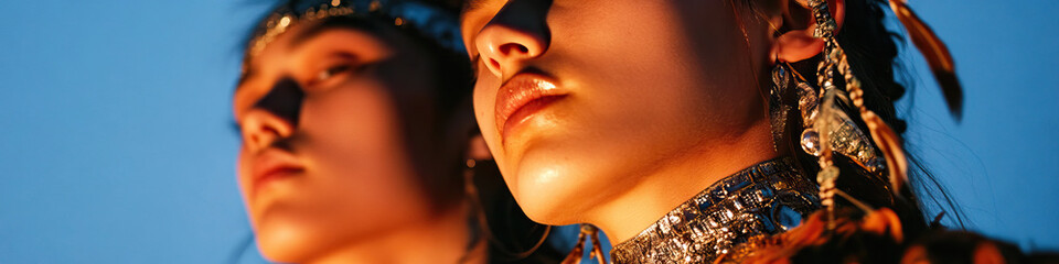 Two Women Wearing Silver Headbands and Jewelry