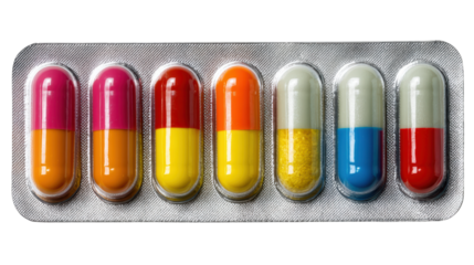 Colorful capsules in a blister pack on a white background, ideal for pharmaceutical use.