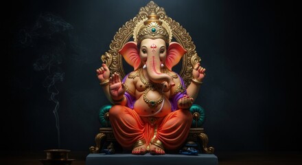 Ganesha seated in ornate golden chair with incense smoke