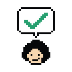 Obraz premium Cute pixel cartoon character man say chat feedback Ok accept okay accept decoration 8 bit male boy man talk good accept OK okay pixel game png vector.