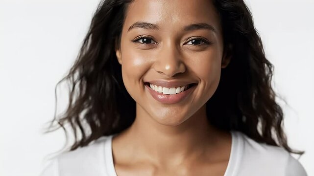 Radiant Young Woman Smiling Perfect Teeth Clear Skin Studio Headshot