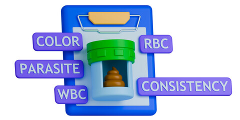 Stool examination report 3d illustration, showing test parameters on clipboard including color, consistency, red blood cell, white blood cell and parasite.
