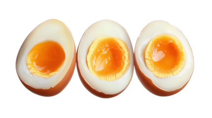 A perfectly cooked boiled egg with smooth white shell and visible yellow yolk isolated on white background
