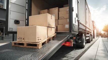Truck unloading boxes onto ramp