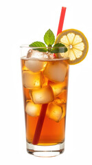 Refreshing iced tea with lemon and mint, served in tall glass with ice cubes and red straw, perfect for hot day