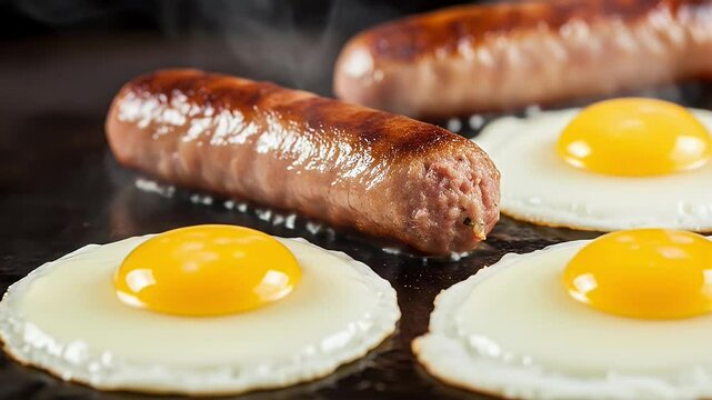 Fried eggs and sausages cooking on a hot griddle closeup view of breakfast meal