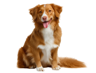 Nova Scotia Duck Tolling Retriever Sitting with Tongue Out and Feathered Tail, Front View, Isolated on Transparent Background