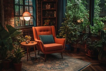 Obraz premium Interior with an armchair and floor lamp, enhancing the living room's cozy and welcoming atmosphere, Generative AI