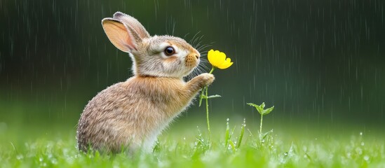 Cute bunny smelling a flower in the rain
