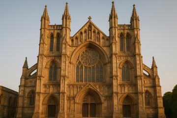 Fototapeta premium Front view of a large stone cathedral with intricate architectural details on transparent background silhouette