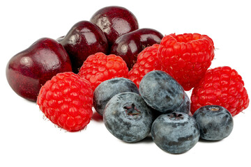 The High-resolution fruit photo of cherries, raspberries and blueberries taken with split-focus technique.