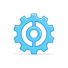 Blue gear icon with internal white circle design on black background illustrates concepts of process and technology