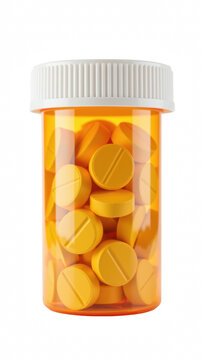 Clear prescription bottle filled with yellow tablets, showcasing common medication storage. vibrant color and transparency highlight contents