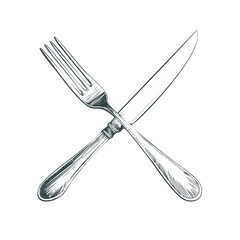 Fork and knife crossed dinner utensils illustration on black background. Cutlery vector for restaurant menu or culinary art