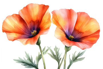 Obraz premium Beautiful watercolor illustration featuring two blooming orange and red poppies with delicate green foliage.