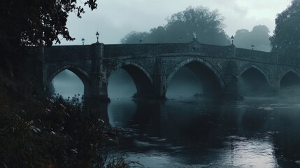 Fototapeta premium Misty morning scene of an old stone bridge over a river
