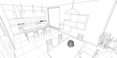 interior kitchen living room 3d illustration